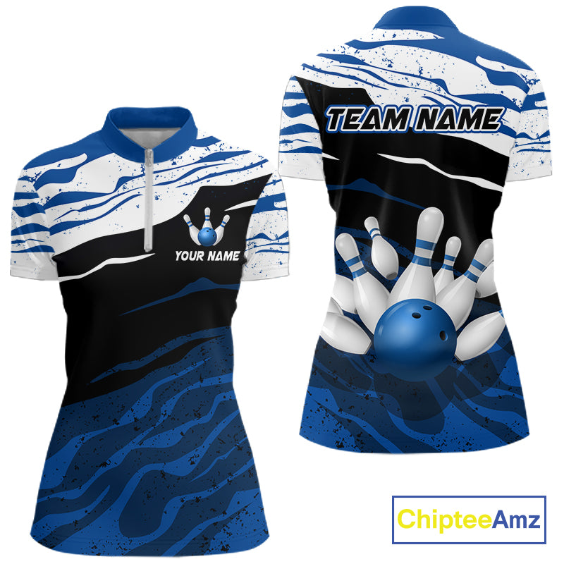 Blue, White And Black Camo Custom Bowling Shirts For Women, Bowling Team Jersey Gift For Bowler TDM8074