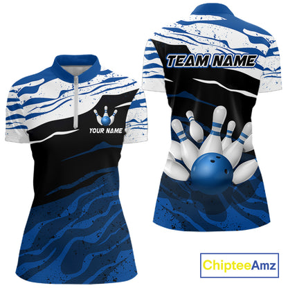 Blue, White And Black Camo Custom Bowling Shirts For Women, Bowling Team Jersey Gift For Bowler TDM8074