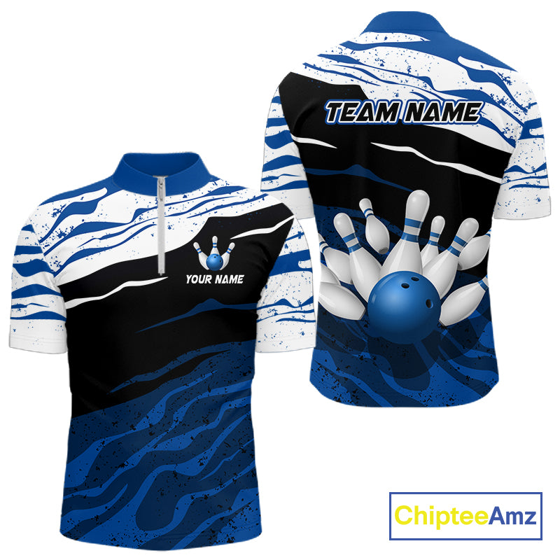 Blue, White And Black Camo Custom Bowling Shirts For Men, Bowling Team Jersey Gift For Bowler TDM8074
