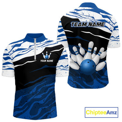 Blue, White And Black Camo Custom Bowling Shirts For Men, Bowling Team Jersey Gift For Bowler TDM8074