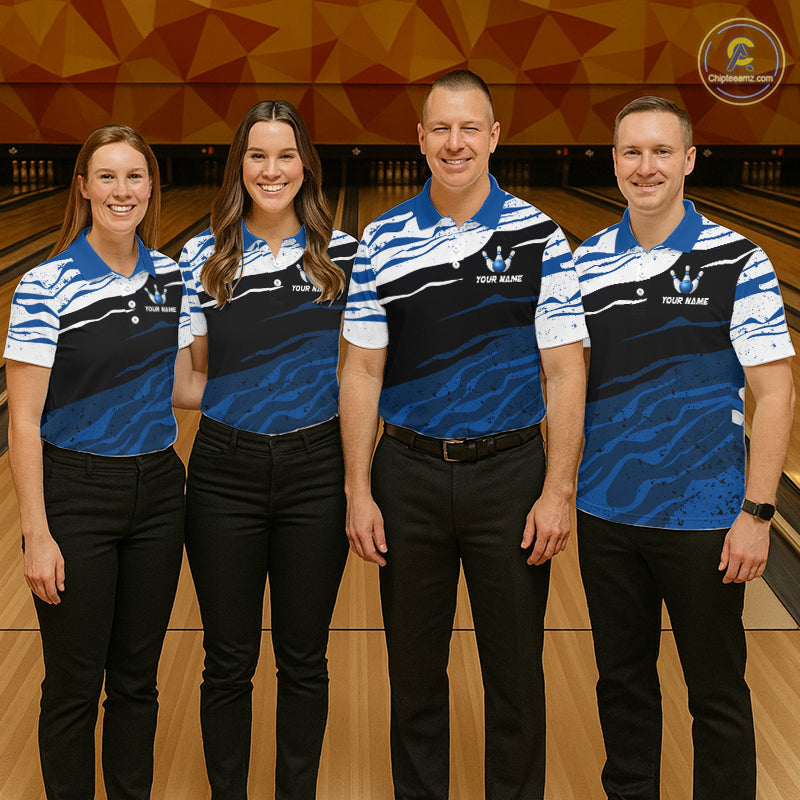 Blue, White And Black Camo Custom Bowling Shirts For Women, Bowling Team Jersey Gift For Bowler TDM8074