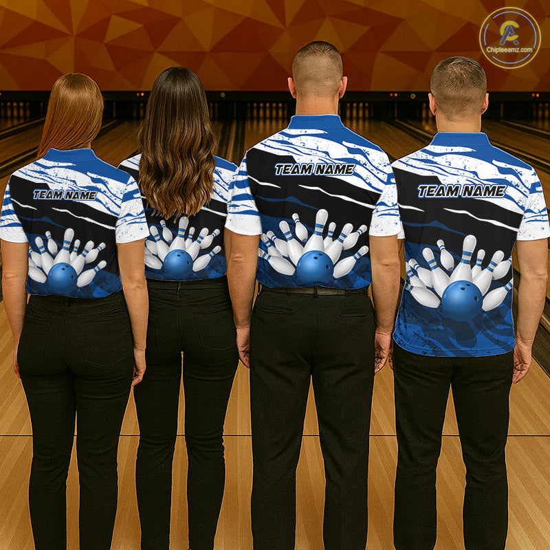 Blue, White And Black Camo Custom Bowling Shirts For Women, Bowling Team Jersey Gift For Bowler TDM8074