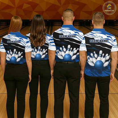Blue, White And Black Camo Custom Bowling Shirts For Women, Bowling Team Jersey Gift For Bowler TDM8074