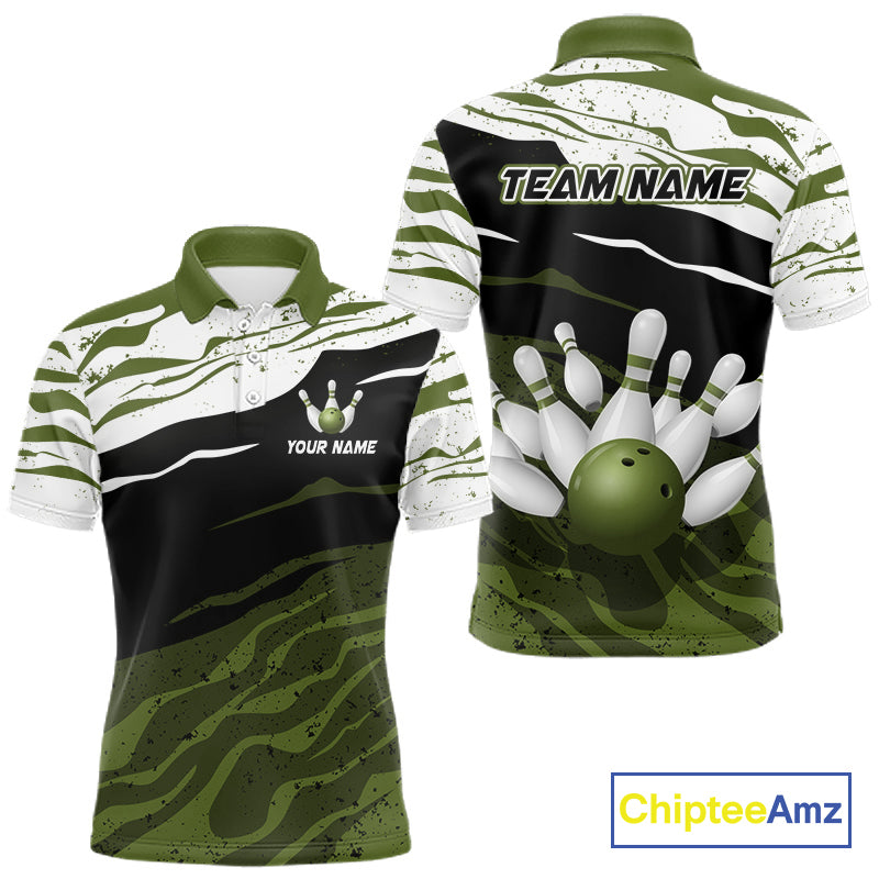 Military Green, White And Black Camo Bowling Shirts For Men Custom Bowling League Team Jersey TDM8075