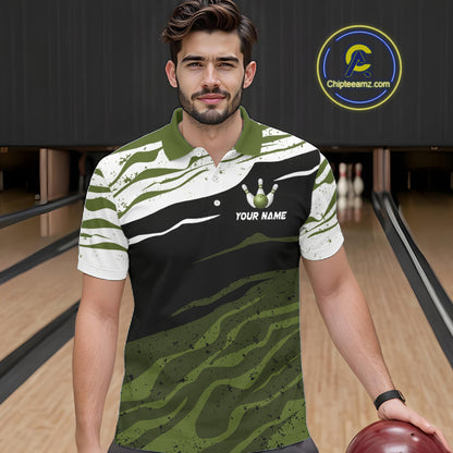 Military Green, White And Black Camo Bowling Shirts For Men Custom Bowling League Team Jersey TDM8075