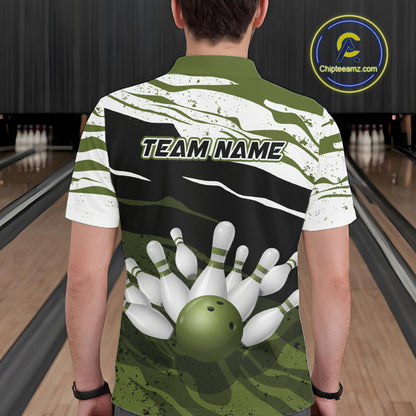 Military Green, White And Black Camo Bowling Shirts For Men Custom Bowling League Team Jersey TDM8075