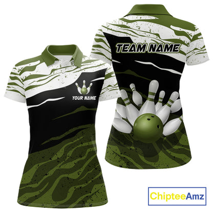 Military Green, White And Black Camo Bowling Shirts For Women Custom Bowling League Team Jersey TDM8075