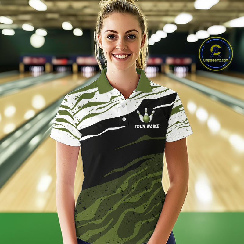 Military Green, White And Black Camo Bowling Shirts For Women Custom Bowling League Team Jersey TDM8075