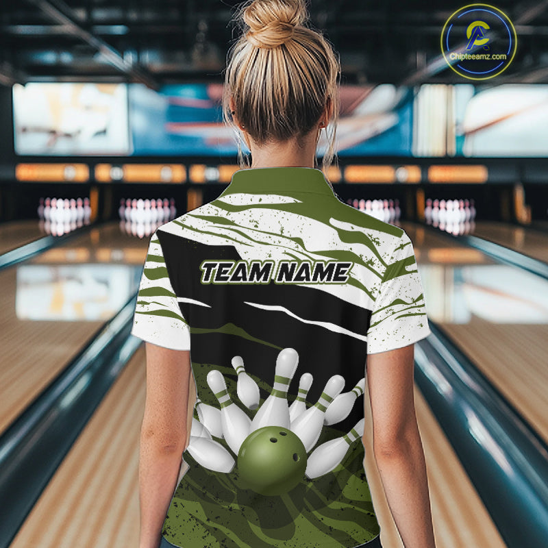 Military Green, White And Black Camo Bowling Shirts For Women Custom Bowling League Team Jersey TDM8075