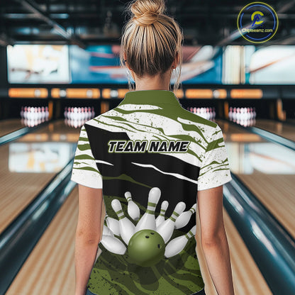 Military Green, White And Black Camo Bowling Shirts For Women Custom Bowling League Team Jersey TDM8075