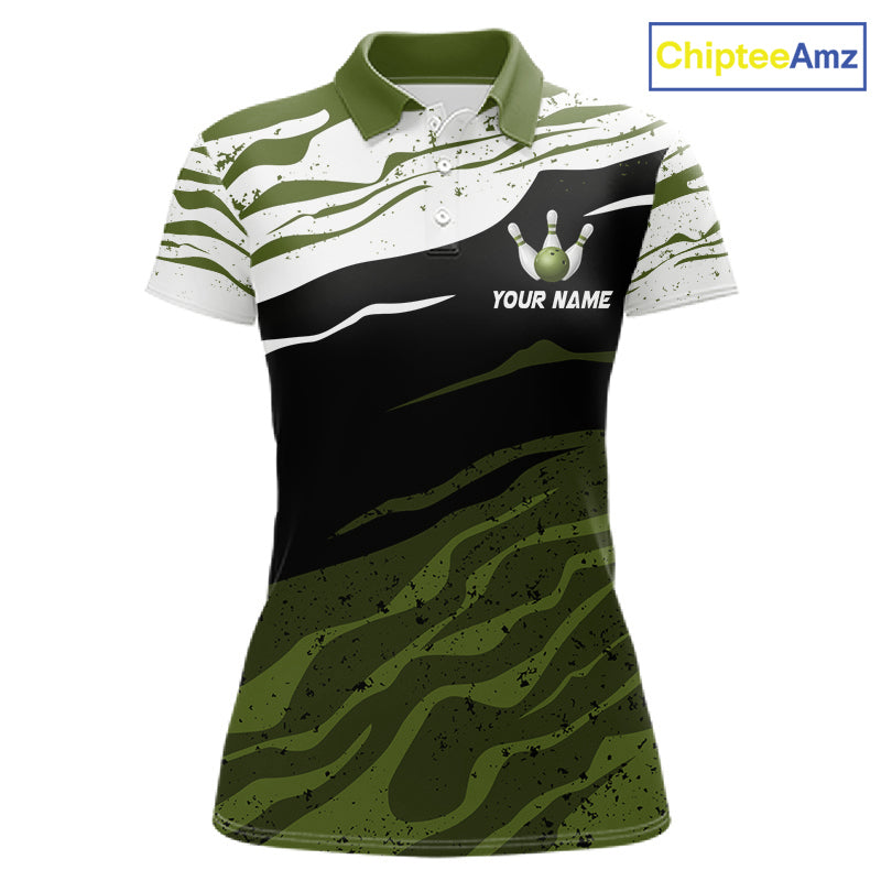 Military Green, White And Black Camo Bowling Shirts For Women Custom Bowling League Team Jersey TDM8075
