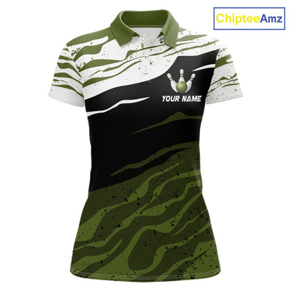 Military Green, White And Black Camo Bowling Shirts For Women Custom Bowling League Team Jersey TDM8075