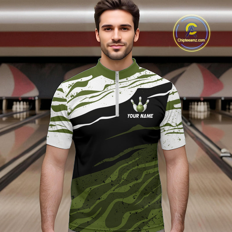 Military Green, White And Black Camo Bowling Shirts For Men Custom Bowling League Team Jersey TDM8075