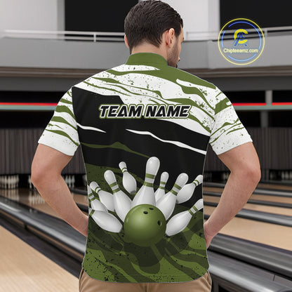 Military Green, White And Black Camo Bowling Shirts For Men Custom Bowling League Team Jersey TDM8075