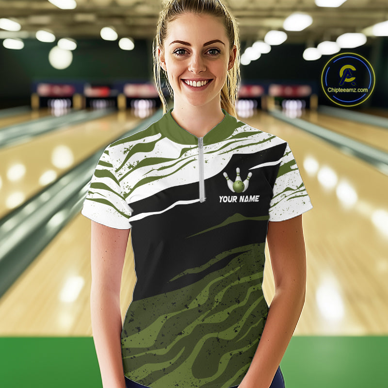 Military Green, White And Black Camo Bowling Shirts For Women Custom Bowling League Team Jersey TDM8075