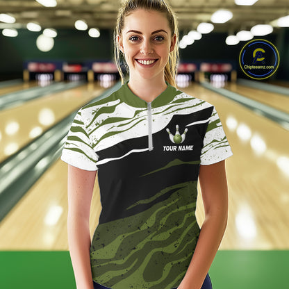 Military Green, White And Black Camo Bowling Shirts For Women Custom Bowling League Team Jersey TDM8075