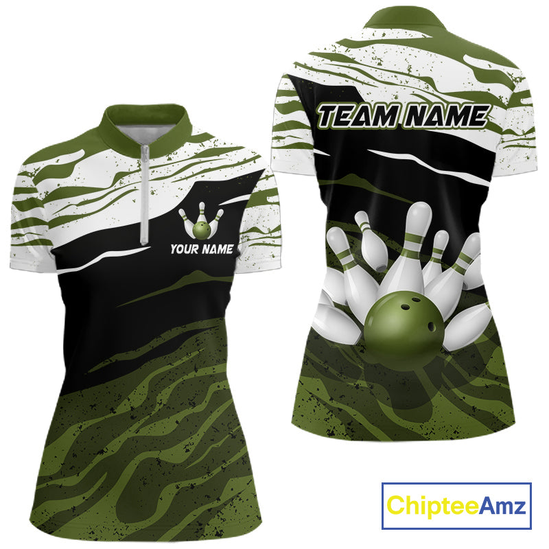 Military Green, White And Black Camo Bowling Shirts For Women Custom Bowling League Team Jersey TDM8075
