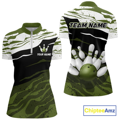 Military Green, White And Black Camo Bowling Shirts For Women Custom Bowling League Team Jersey TDM8075