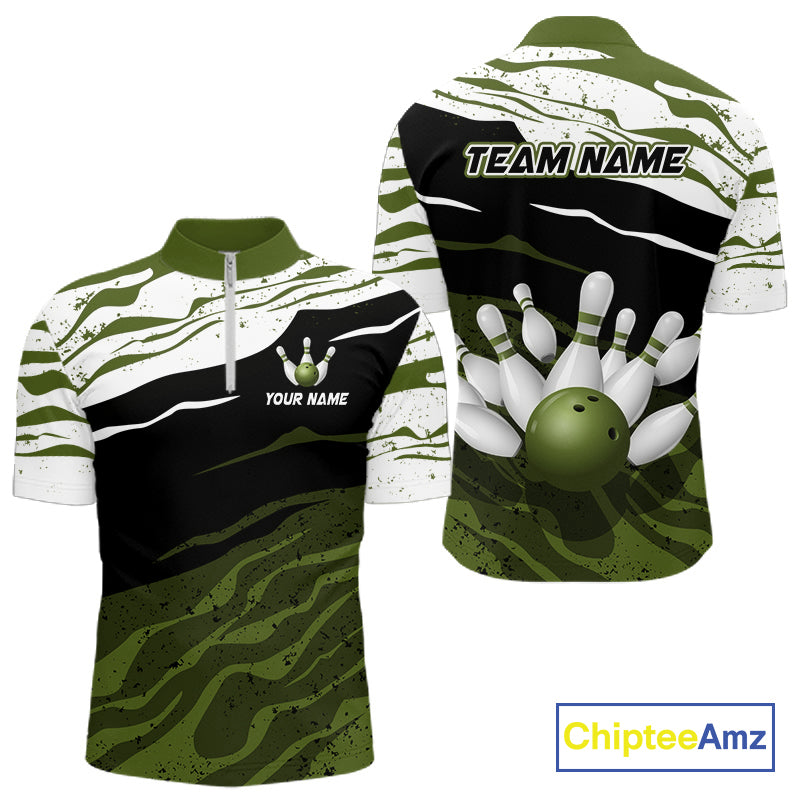 Military Green, White And Black Camo Bowling Shirts For Men Custom Bowling League Team Jersey TDM8075