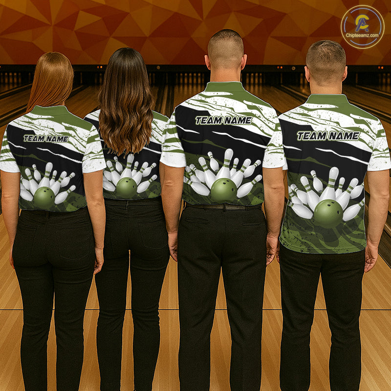 Military Green, White And Black Camo Bowling Shirts For Women Custom Bowling League Team Jersey TDM8075