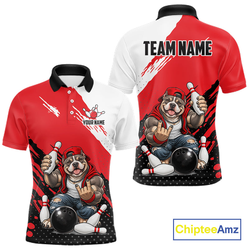 Red Funny American Bully Dog Bowling Shirts For Men Custom Bowling Jersey, Bowling Team Outfit TDM8079