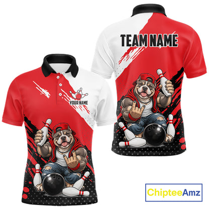 Red Funny American Bully Dog Bowling Shirts For Men Custom Bowling Jersey, Bowling Team Outfit TDM8079