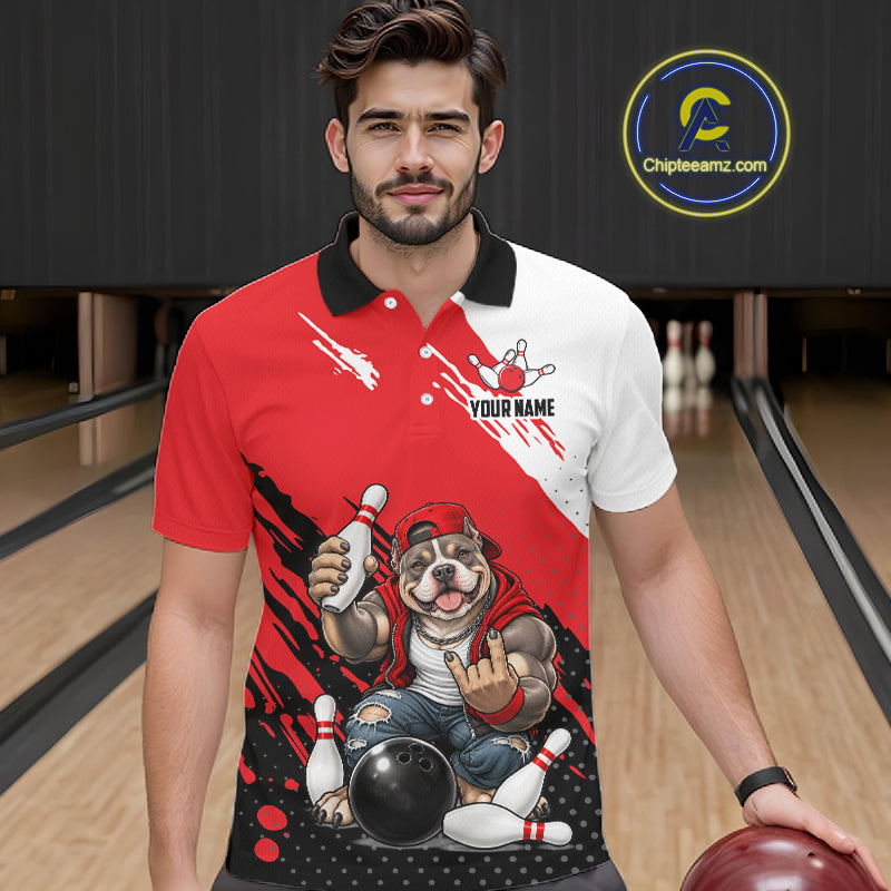Red Funny American Bully Dog Bowling Shirts For Men Custom Bowling Jersey, Bowling Team Outfit TDM8079