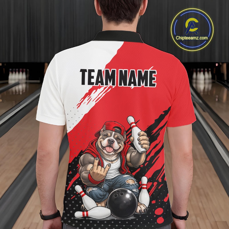 Red Funny American Bully Dog Bowling Shirts For Men Custom Bowling Jersey, Bowling Team Outfit TDM8079