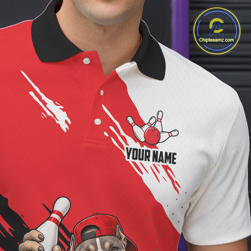 Red Funny American Bully Dog Bowling Shirts For Men Custom Bowling Jersey, Bowling Team Outfit TDM8079