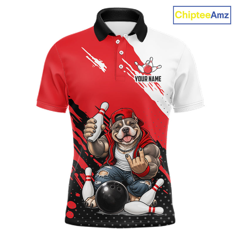 Red Funny American Bully Dog Bowling Shirts For Men Custom Bowling Jersey, Bowling Team Outfit TDM8079