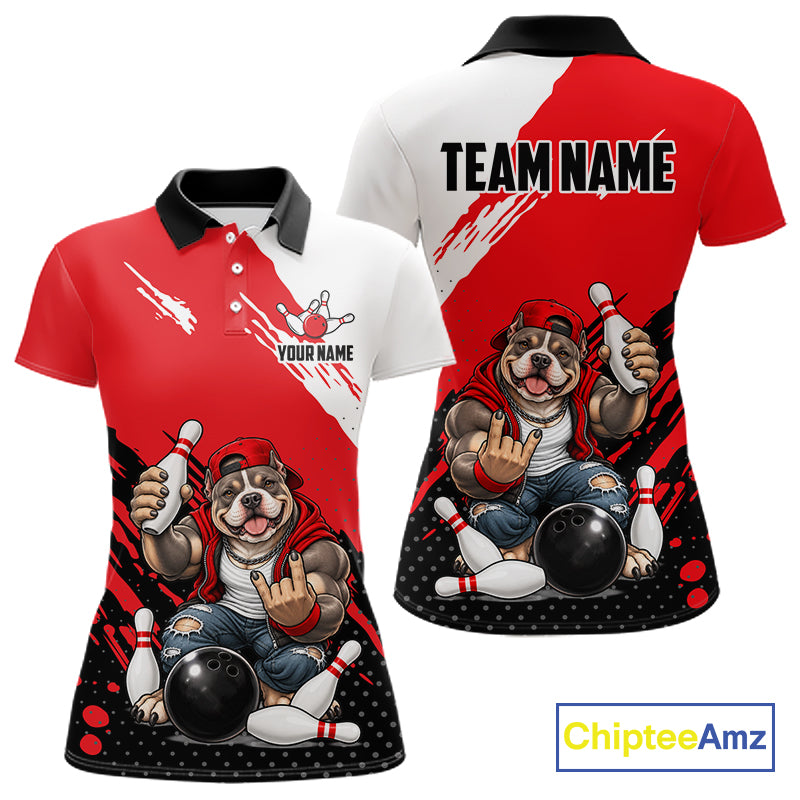 Red Funny American Bully Dog Bowling Shirts For Women Custom Bowling Jersey, Bowling Team Outfit TDM8079