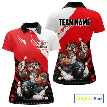 Red Funny American Bully Dog Bowling Shirts For Women Custom Bowling Jersey, Bowling Team Outfit TDM8079