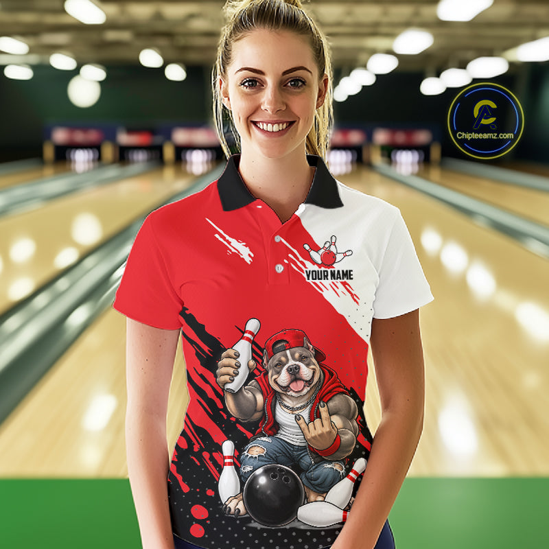 Red Funny American Bully Dog Bowling Shirts For Women Custom Bowling Jersey, Bowling Team Outfit TDM8079