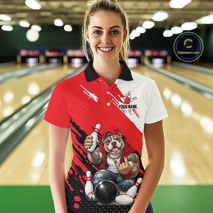 Red Funny American Bully Dog Bowling Shirts For Women Custom Bowling Jersey, Bowling Team Outfit TDM8079