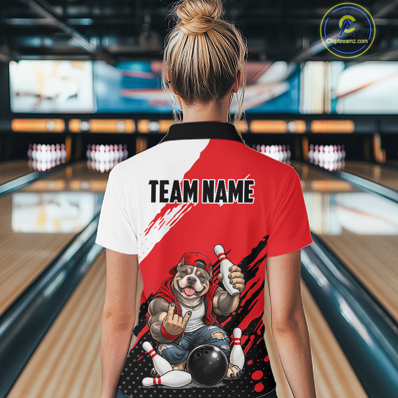 Red Funny American Bully Dog Bowling Shirts For Women Custom Bowling Jersey, Bowling Team Outfit TDM8079