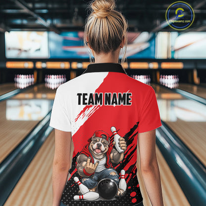 Red Funny American Bully Dog Bowling Shirts For Women Custom Bowling Jersey, Bowling Team Outfit TDM8079