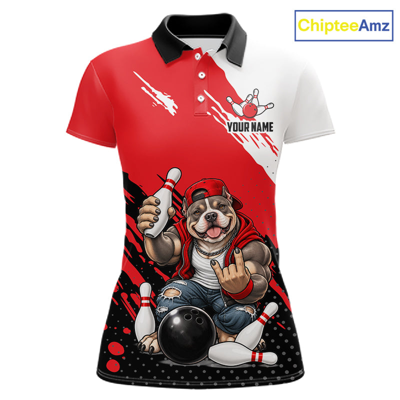 Red Funny American Bully Dog Bowling Shirts For Women Custom Bowling Jersey, Bowling Team Outfit TDM8079