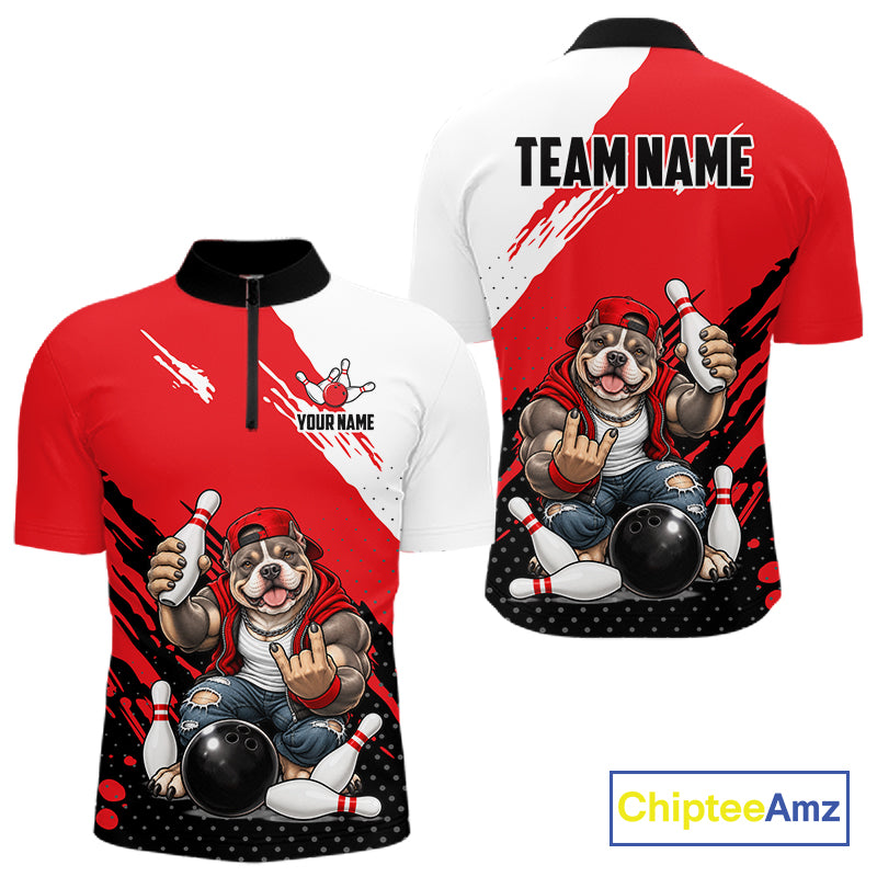 Red Funny American Bully Dog Bowling Shirts For Men Custom Bowling Jersey, Bowling Team Outfit TDM8079
