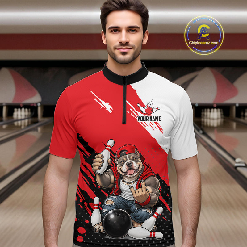 Red Funny American Bully Dog Bowling Shirts For Men Custom Bowling Jersey, Bowling Team Outfit TDM8079