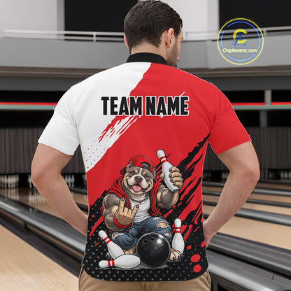 Red Funny American Bully Dog Bowling Shirts For Men Custom Bowling Jersey, Bowling Team Outfit TDM8079