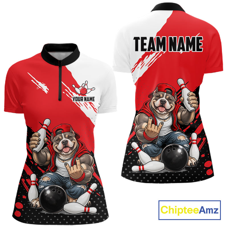 Red Funny American Bully Dog Bowling Shirts For Women Custom Bowling Jersey, Bowling Team Outfit TDM8079