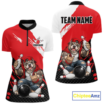 Red Funny American Bully Dog Bowling Shirts For Women Custom Bowling Jersey, Bowling Team Outfit TDM8079