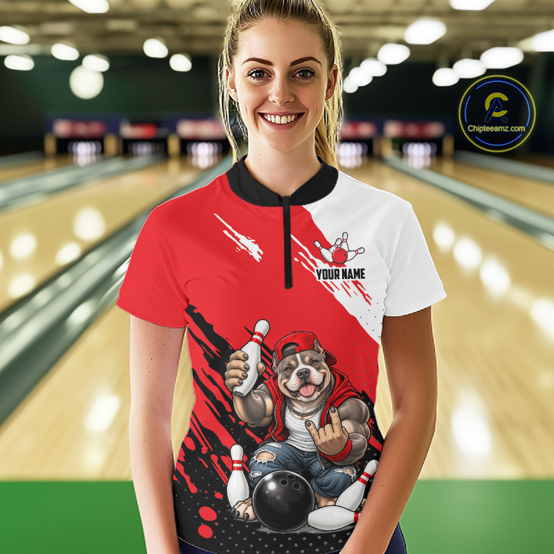 Red Funny American Bully Dog Bowling Shirts For Women Custom Bowling Jersey, Bowling Team Outfit TDM8079