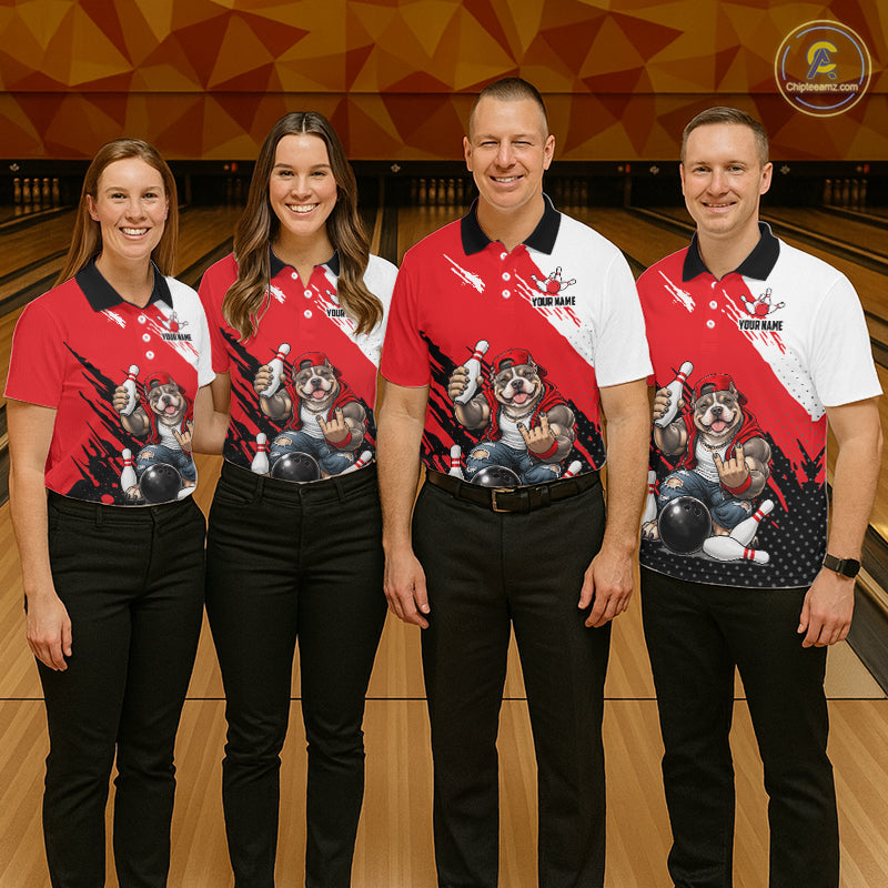 Red Funny American Bully Dog Bowling Shirts For Women Custom Bowling Jersey, Bowling Team Outfit TDM8079