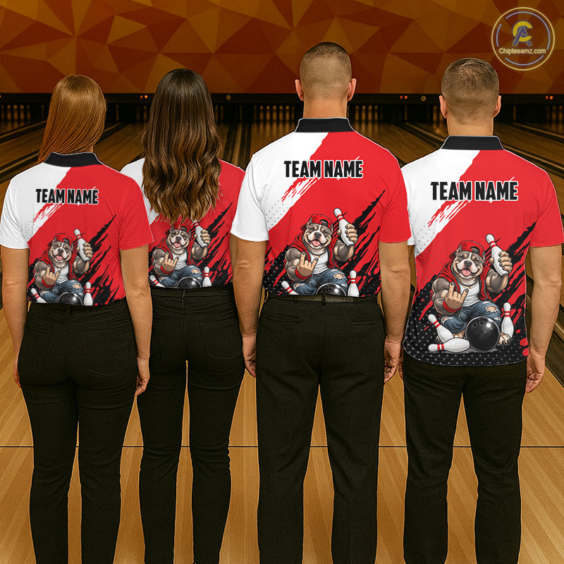 Red Funny American Bully Dog Bowling Shirts For Women Custom Bowling Jersey, Bowling Team Outfit TDM8079