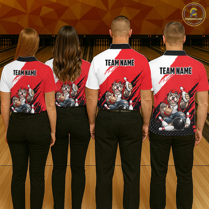 Red Funny American Bully Dog Bowling Shirts For Women Custom Bowling Jersey, Bowling Team Outfit TDM8079