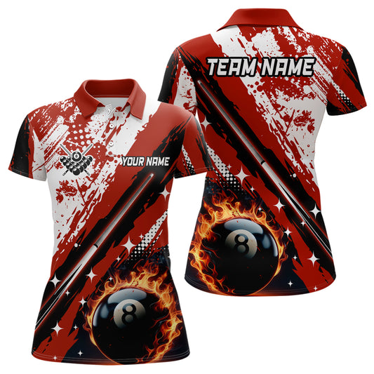 Personalized Billiard 8 Ball Pool Grunge Style Women Polo Shirts, Best Billiard Jerseys |Red TDM1040