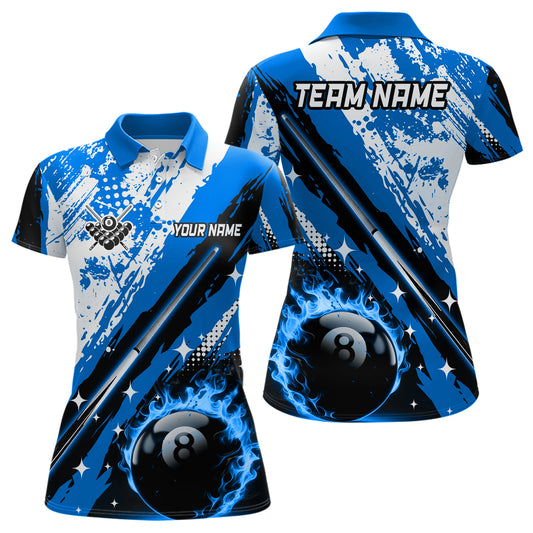 Personalized Billiard 8 Ball Pool Grunge Style Women Polo Shirts, Best Billiard Jerseys |Blue TDM1041