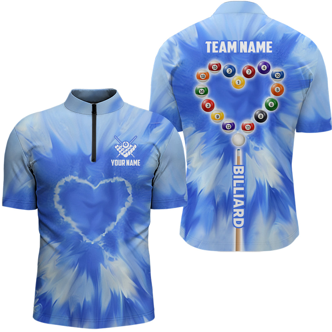 Customized Blue Tie Dye Heart Billiard Men Quarter-Zip Shirts, Unique Billiard Shirt Gifts TDM1361