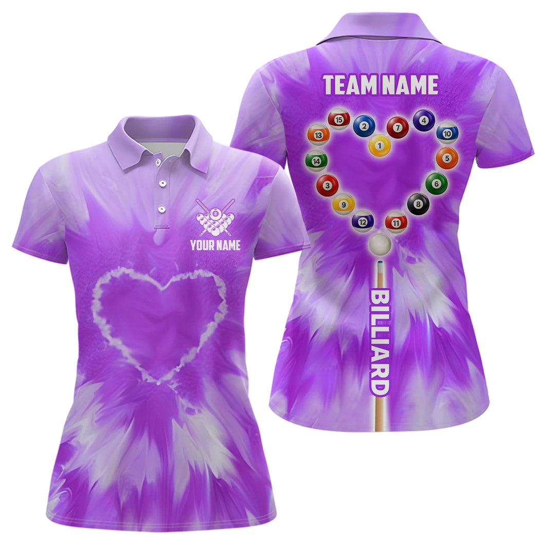 Personalized Purple Tie Dye With Heart Billiard Women Polo Shirts Custom Unique Billiard Shirts Gifts TDM1362